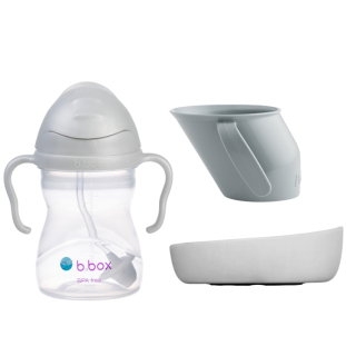Set Fľaša so slamkou 240 ml B.BOX + Krivý hrnček a miska sivá DOIDY